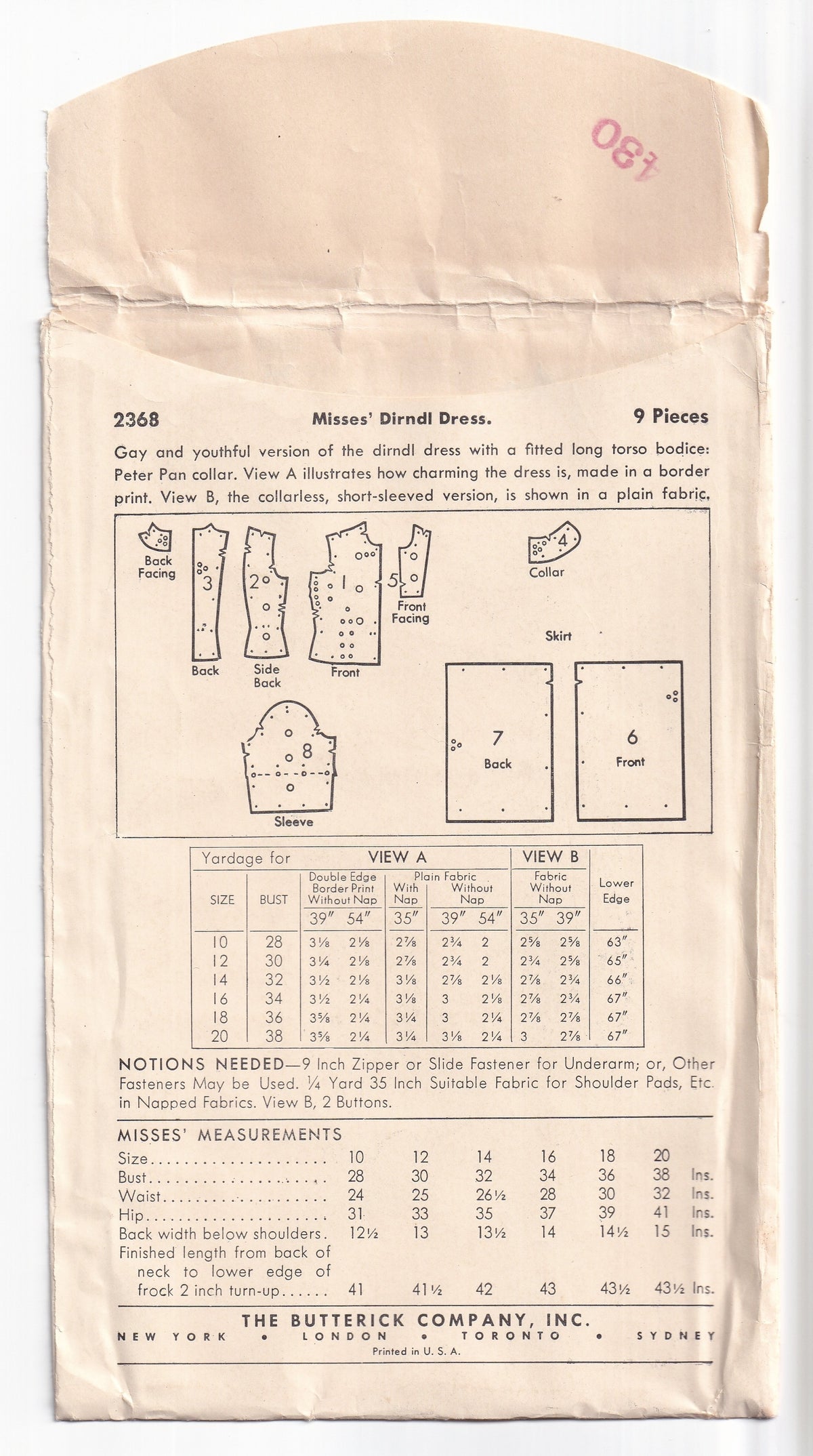 Butterick 2368 Womens Fitted Dropped Waist Dress with Gathered Skirt 1940s Vintage Paper Sewing Pattern Bust 38 inches UNUSED Factory Folded