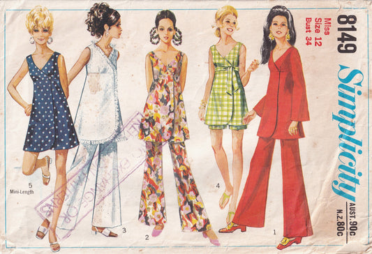 Simplicity 8149 Womens High Waisted Wrap Dress Tunic Bell Bottom Pants & Shorts 1960s Vintage Paper Sewing Pattern Size 12 Bust 34 inches