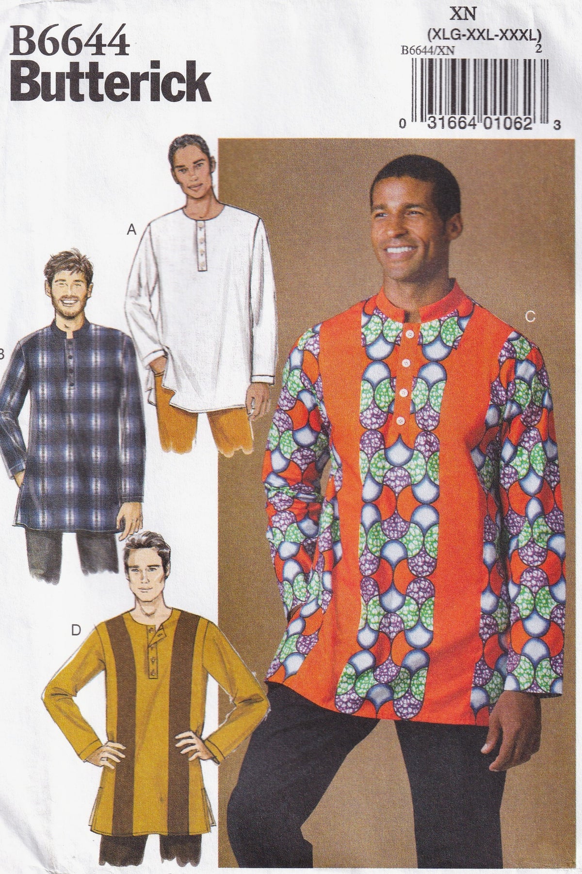 Butterick 6644 Mens Loose Fitting Shirts with Placket Out Of Print Paper Sewing Pattern Size XL XXL XXXL UNCUT Factory Folded
