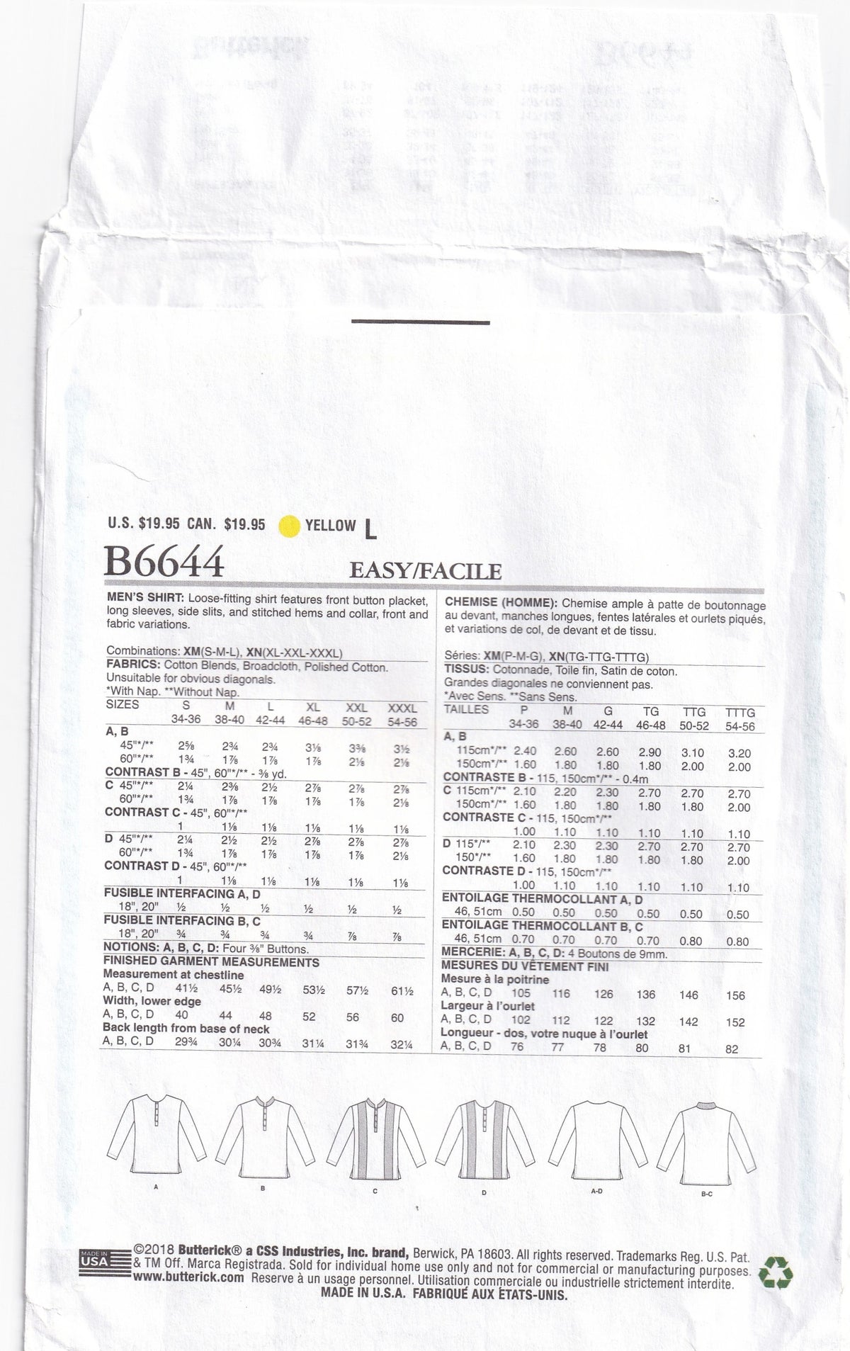 Butterick 6644 Mens Loose Fitting Shirts with Placket Out Of Print Paper Sewing Pattern Size XL XXL XXXL UNCUT Factory Folded