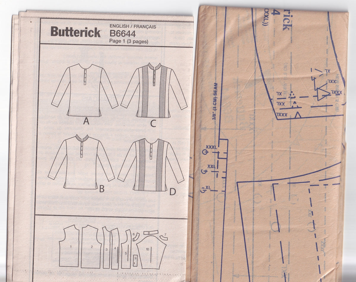 Butterick 6644 Mens Loose Fitting Shirts with Placket Out Of Print Paper Sewing Pattern Size XL XXL XXXL UNCUT Factory Folded