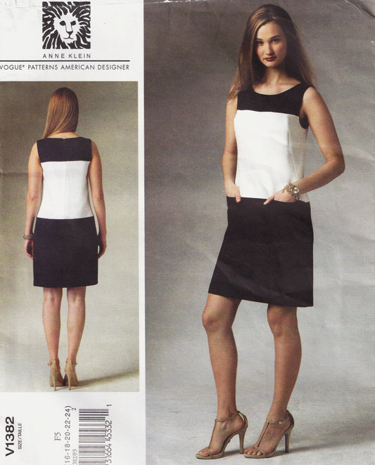 Vogue American Designer 1382 ANNE KLEIN Womens Colour Block Dress with Pockets Out Of Print Paper Sewing Pattern Sizes 16 - 24 UNCUT Factory Folded