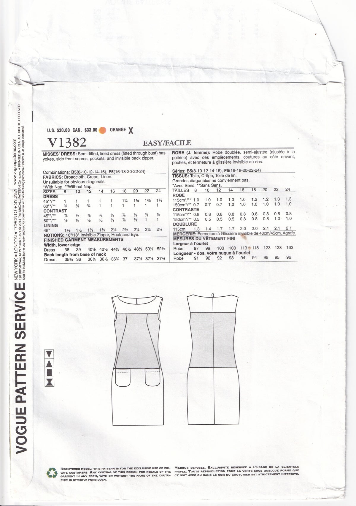 Vogue American Designer 1382 ANNE KLEIN Womens Colour Block Dress with Pockets Out Of Print Paper Sewing Pattern Sizes 16 - 24 UNCUT Factory Folded