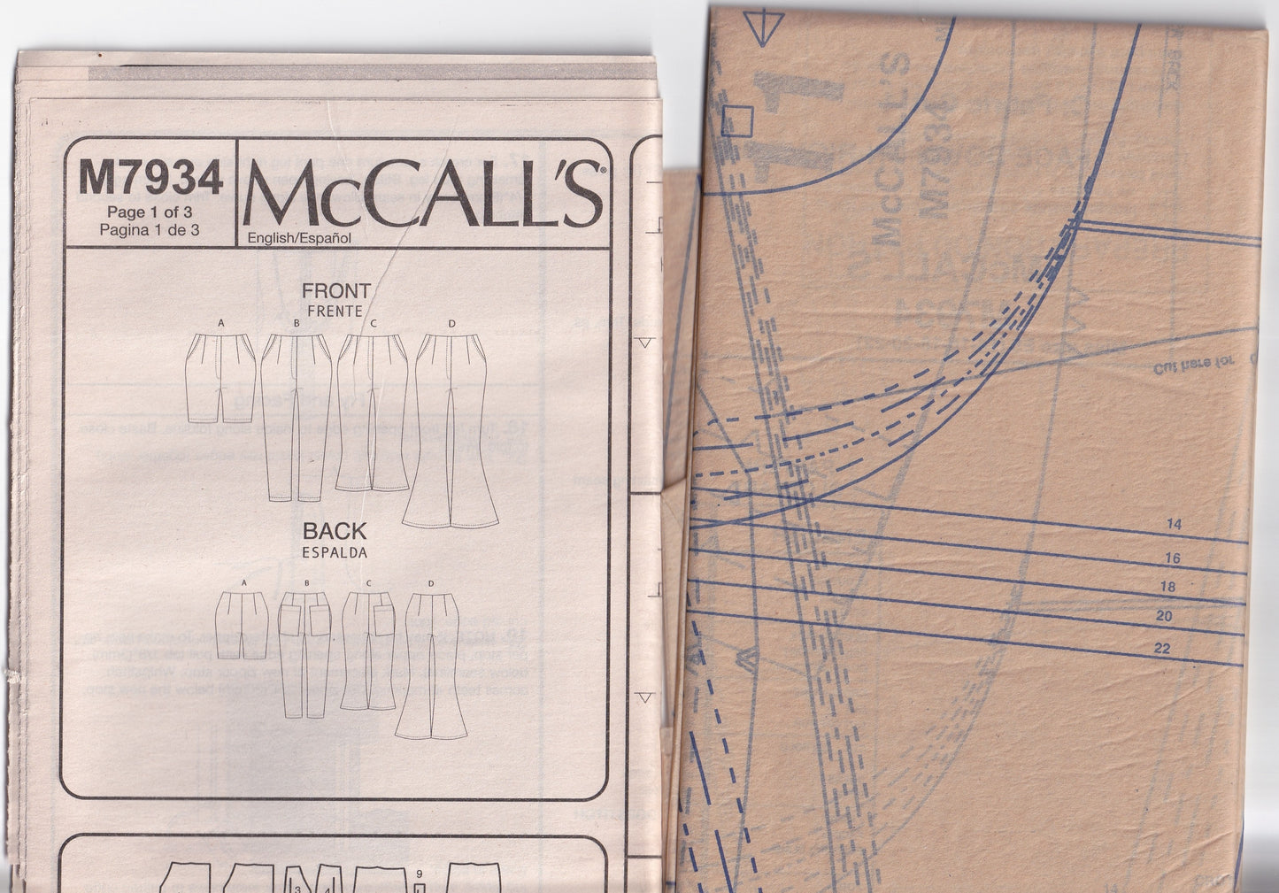 McCall's 7934 Womens Shorts Pants & Bell Bottom Pants Out Of Print Paper Sewing Pattern Size 14 - 22 UNCUT Factory Folded