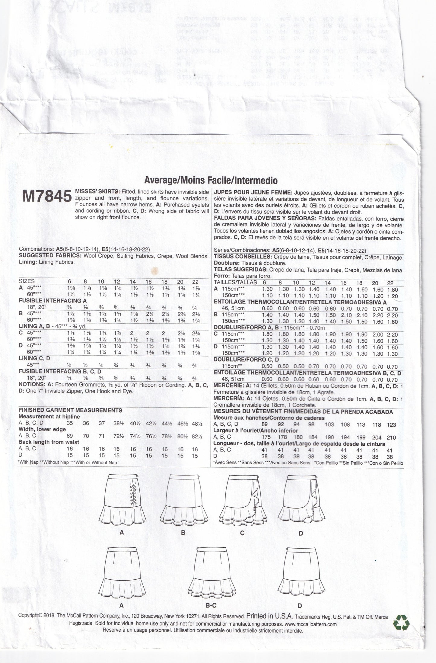 McCall's 7845 Womens Ruffled Asymmetric Skirts Out Of Print Paper Sewing Pattern Sizes 6 - 14 UNCUT Factory Folded