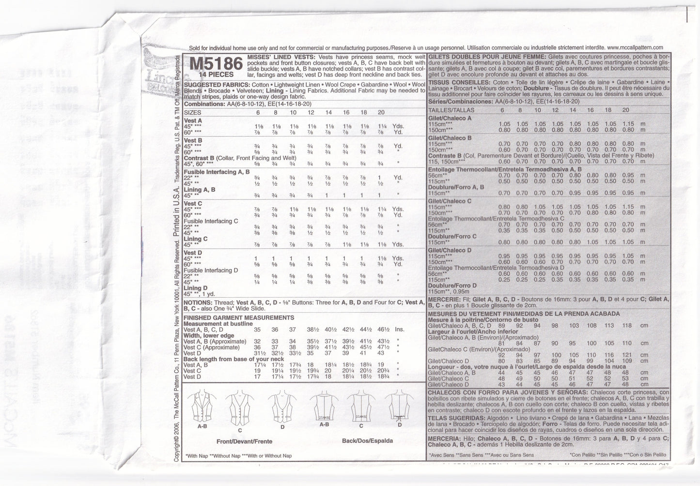 McCall's 5186 Womens Princess Vests Out Of Print Paper Sewing Pattern Size 14 - 20 UNCUT Factory Folded