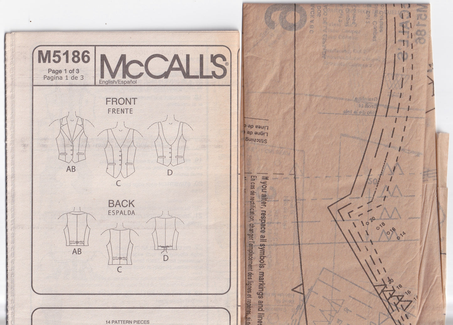 McCall's 5186 Womens Princess Vests Out Of Print Paper Sewing Pattern Size 14 - 20 UNCUT Factory Folded
