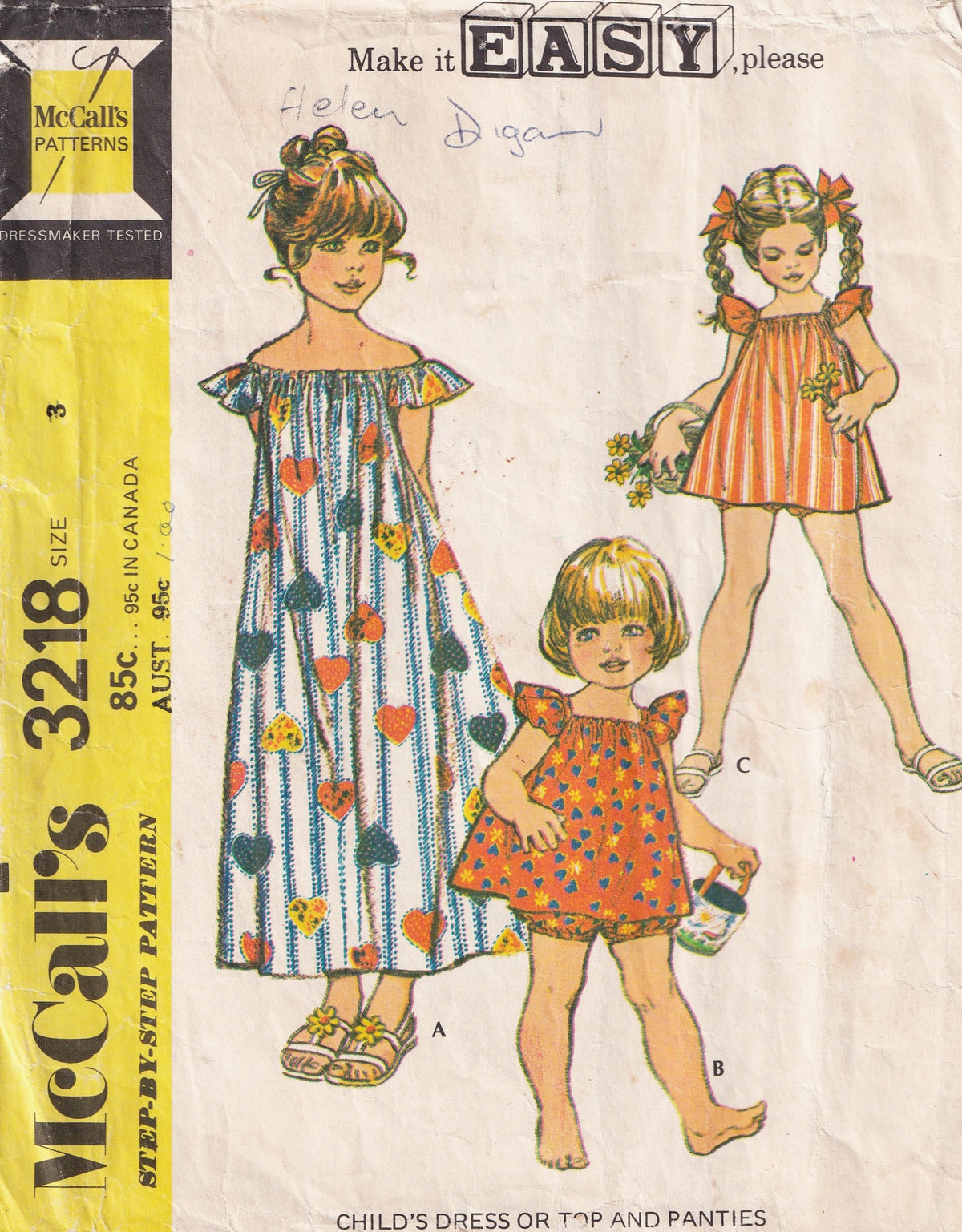 McCall's 3218 Toddler Girl's Flutter Sleeved Dress & Bloomers 1970s Vintage Paper Sewing Pattern Size 3