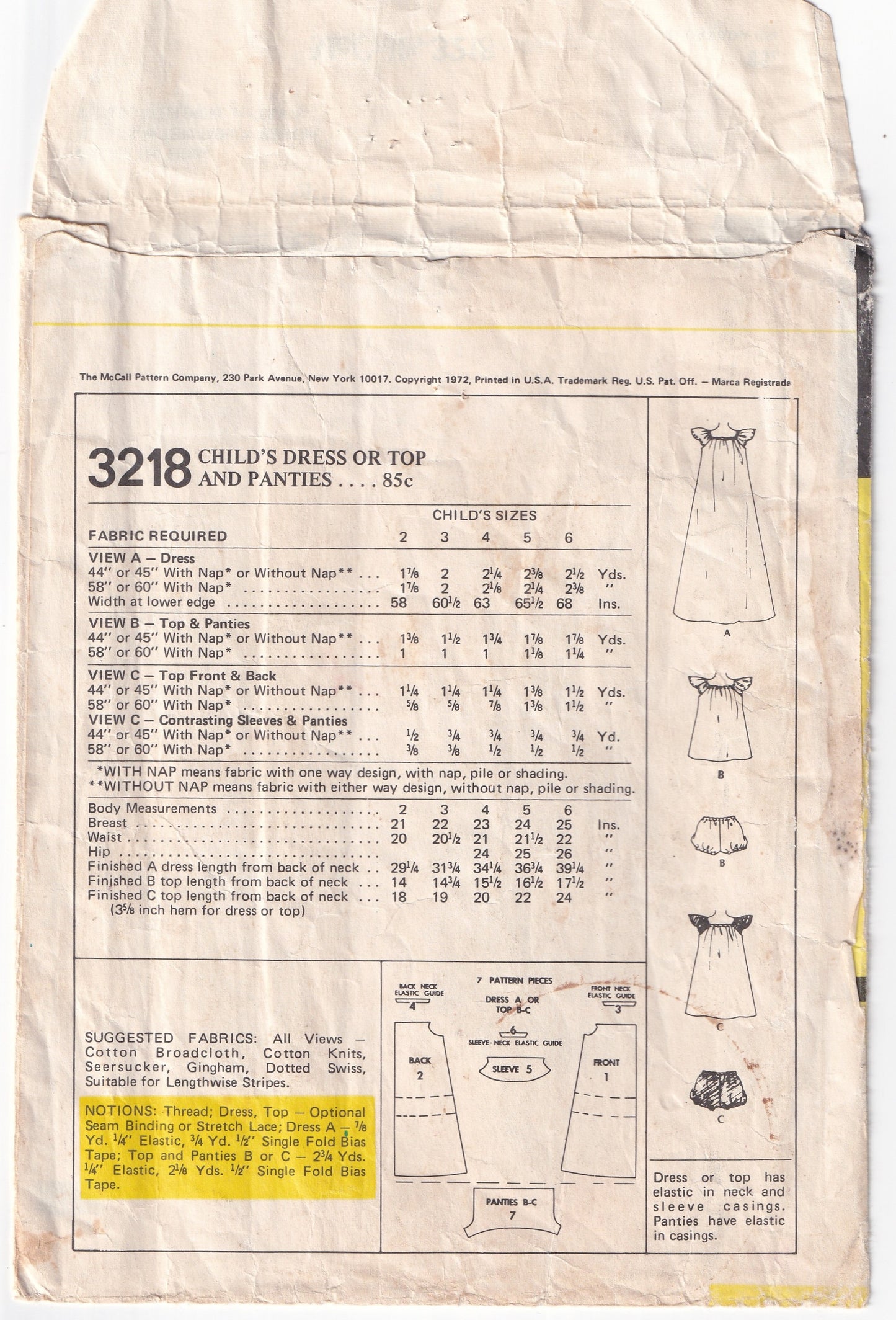 McCall's 3218 Toddler Girl's Flutter Sleeved Dress & Bloomers 1970s Vintage Paper Sewing Pattern Size 3