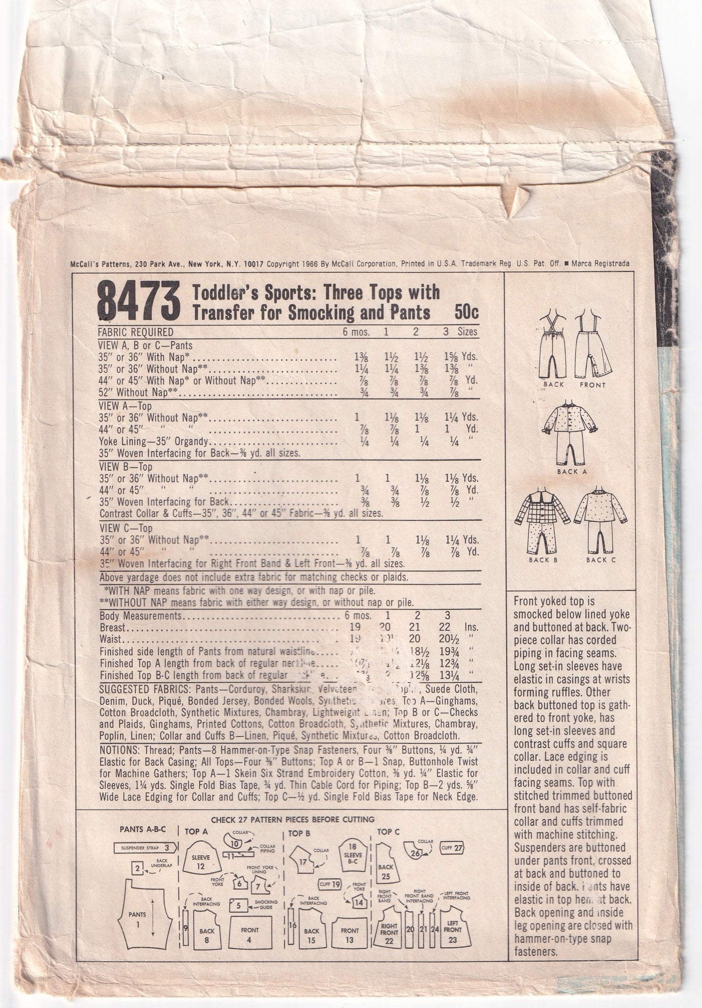 McCall's 8473 Toddler Girls Smock Tops & Pants 1960s Vintage Paper Sewing Pattern Size 3