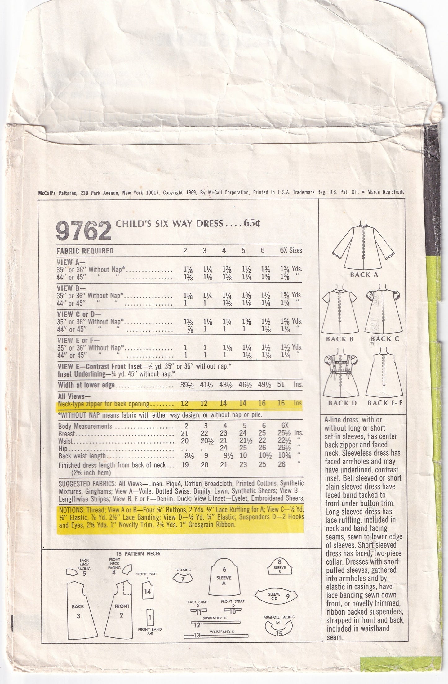McCall's 9762 Toddler Six Way Shift Dresses 1960s Vintage Paper Sewing Pattern Size 3