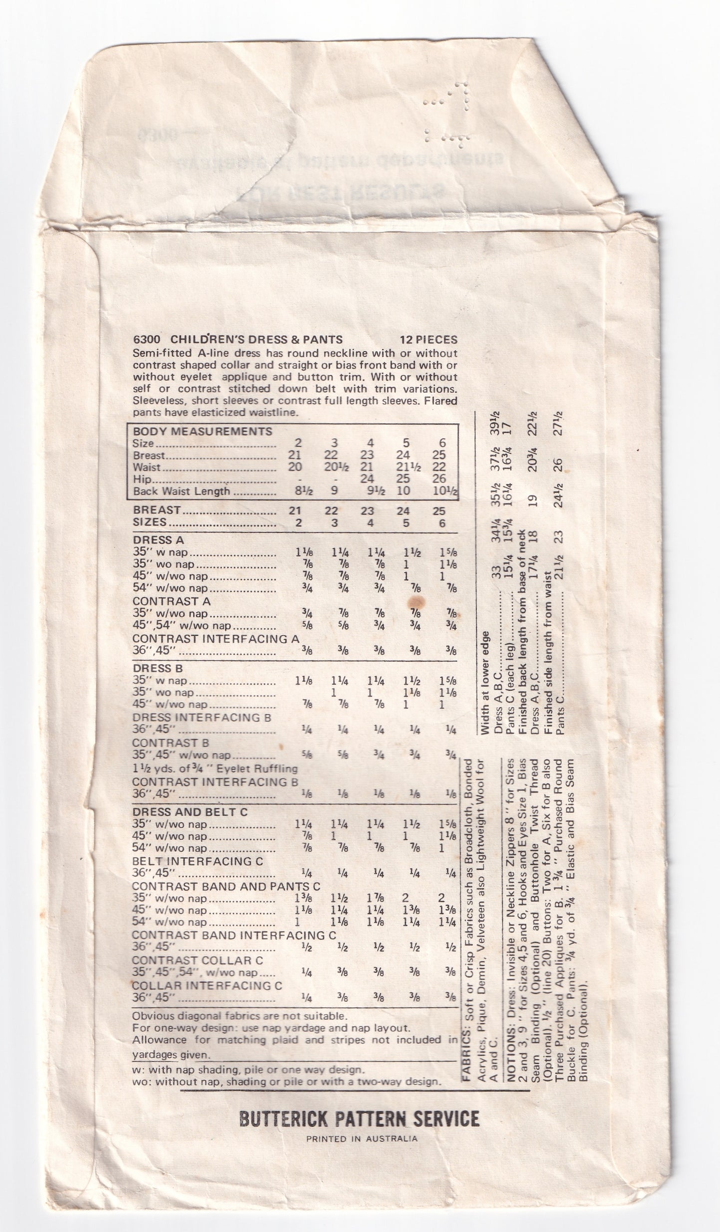 Butterick 6300 Toddler Girls Mini Dress & Pants 1970s Vintage Sewing Pattern Size 2