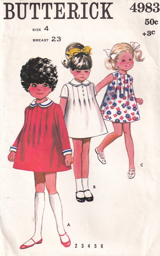 Butterick 4983 Toddler Girls Tucked Mini Dress 1970s Vintage Sewing Pattern Size 4