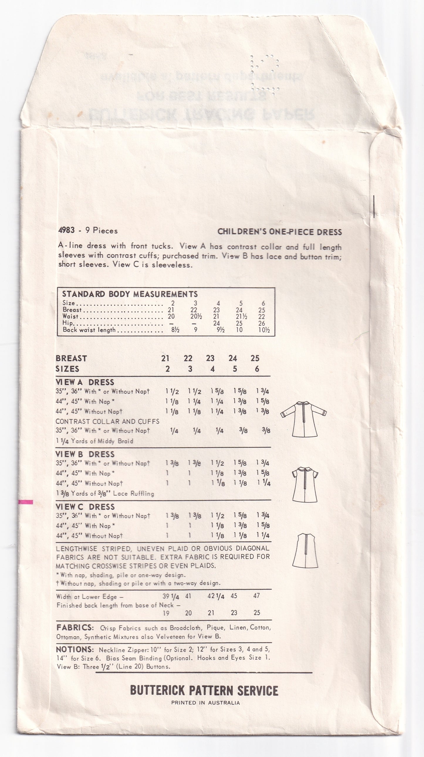 Butterick 4983 Toddler Girls Tucked Mini Dress 1970s Vintage Sewing Pattern Size 4