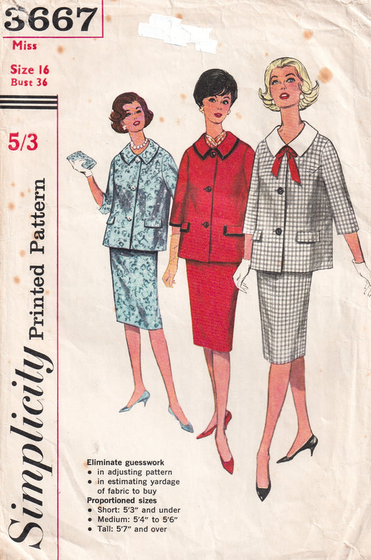 Simplicity 3667 Womens Proportioned Maternity Skirt Suit 1960s Vintage Sewing Pattern Size 16 Bust 36 inches