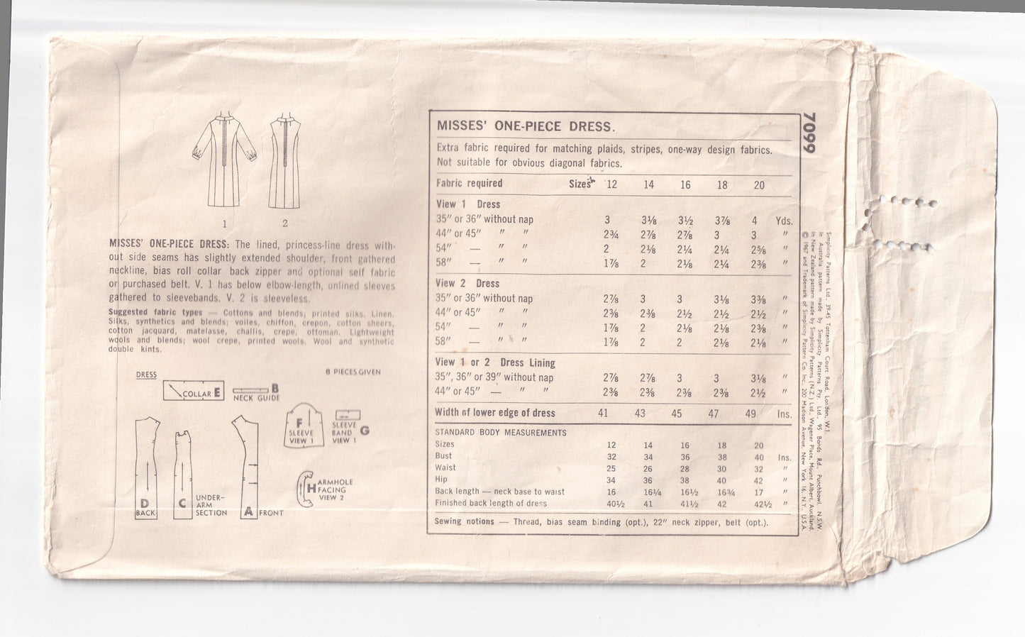 Simplicity 7099 Womens Shift Dress with Gathered Neckline and Roll Collar 1960s Vintage Paper Sewing Pattern Size 14 Bust 34 Inches
