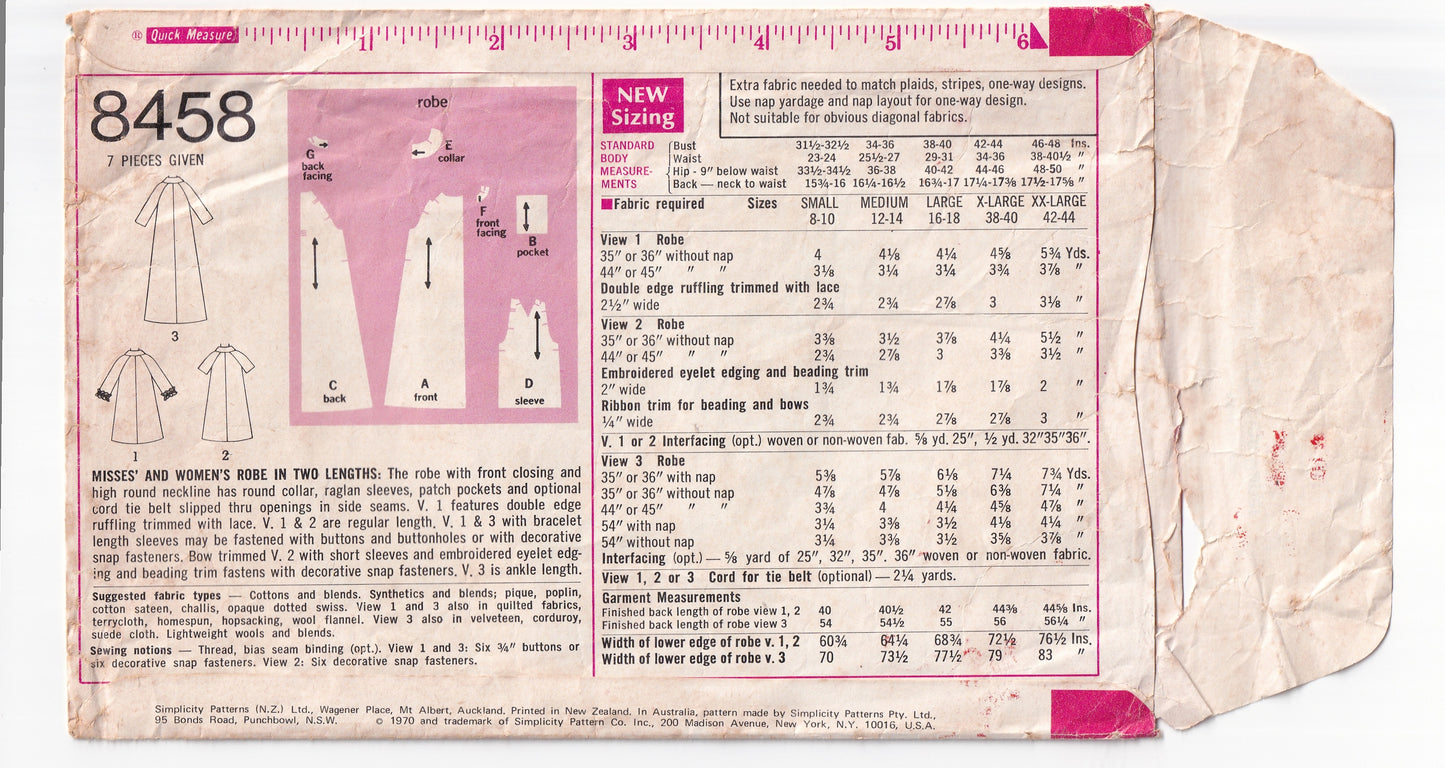 Simplicity 8458 Womens Raglan Sleeved Robe with Peter Pan Collar 1960s Vintage Sewing Pattern Size SMALL 8 - 10