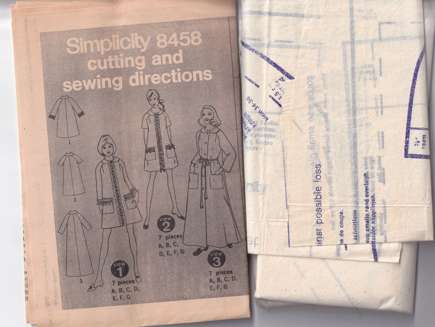 Simplicity 8458 Womens Raglan Sleeved Robe with Peter Pan Collar 1960s Vintage Sewing Pattern Size SMALL 8 - 10