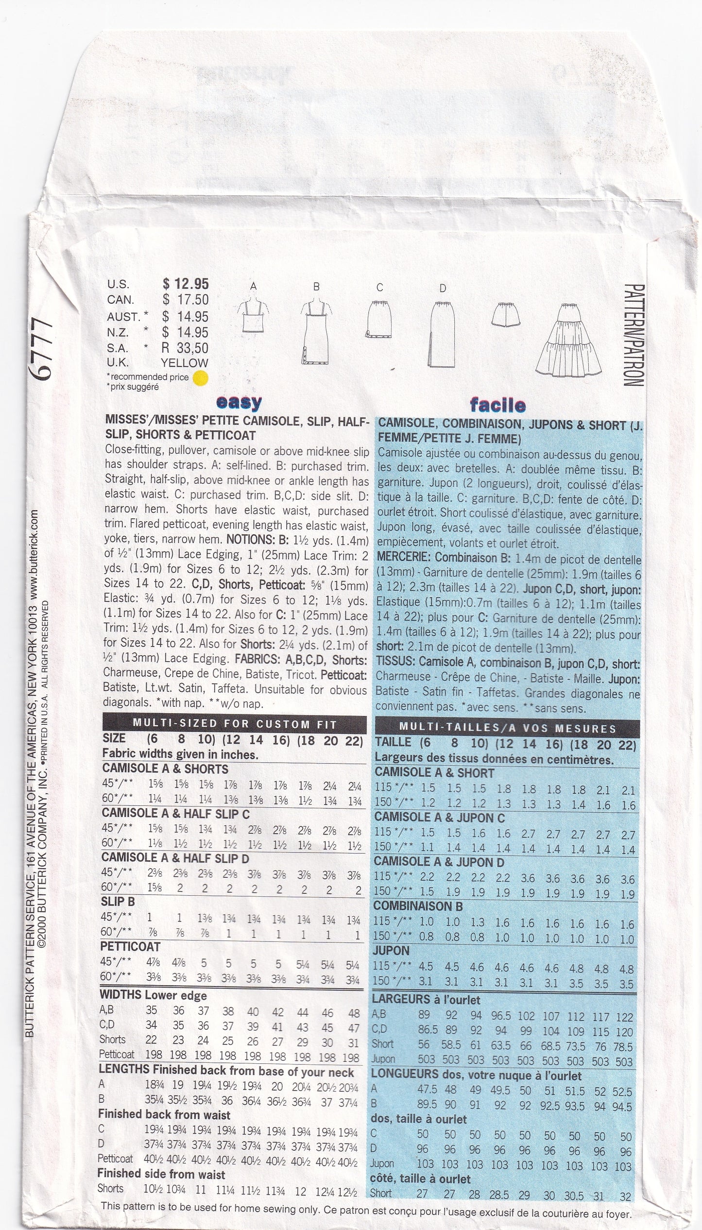 Butterick 6777 Womens Lingerie & Petticoats Out Of Print Paper Sewing Pattern Size 12 - 16  UNCUT Factory Folded