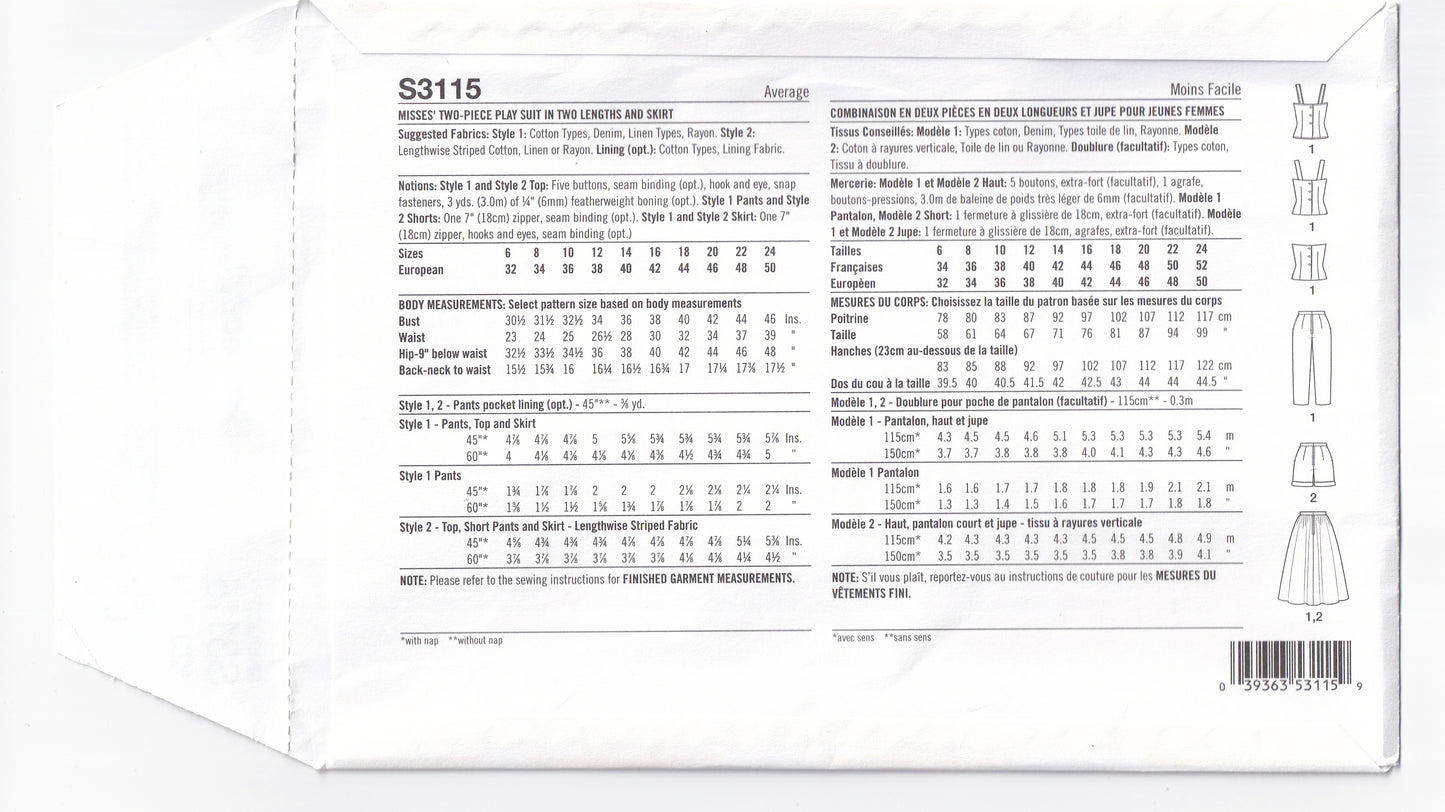 Simplicity 3115 Womens Reissued 1950s Pinup Style Playsuit & Skirt Paper Sewing Pattern Size 6 - 14 UNCUT Factory Folded