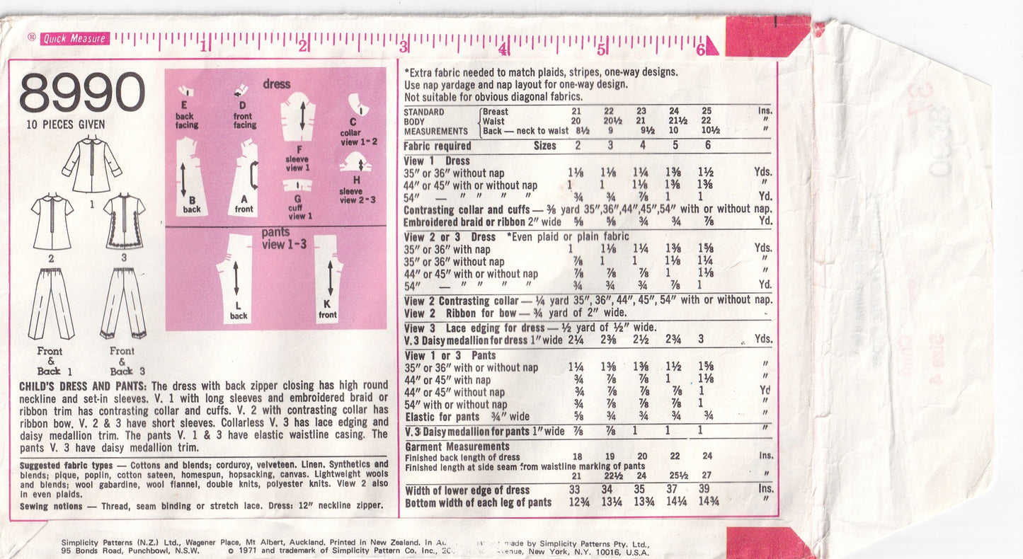 Simplicity 8990 Toddler Girls Mini Dress & Pants 1970s Vintage Paper Sewing Pattern Size 4