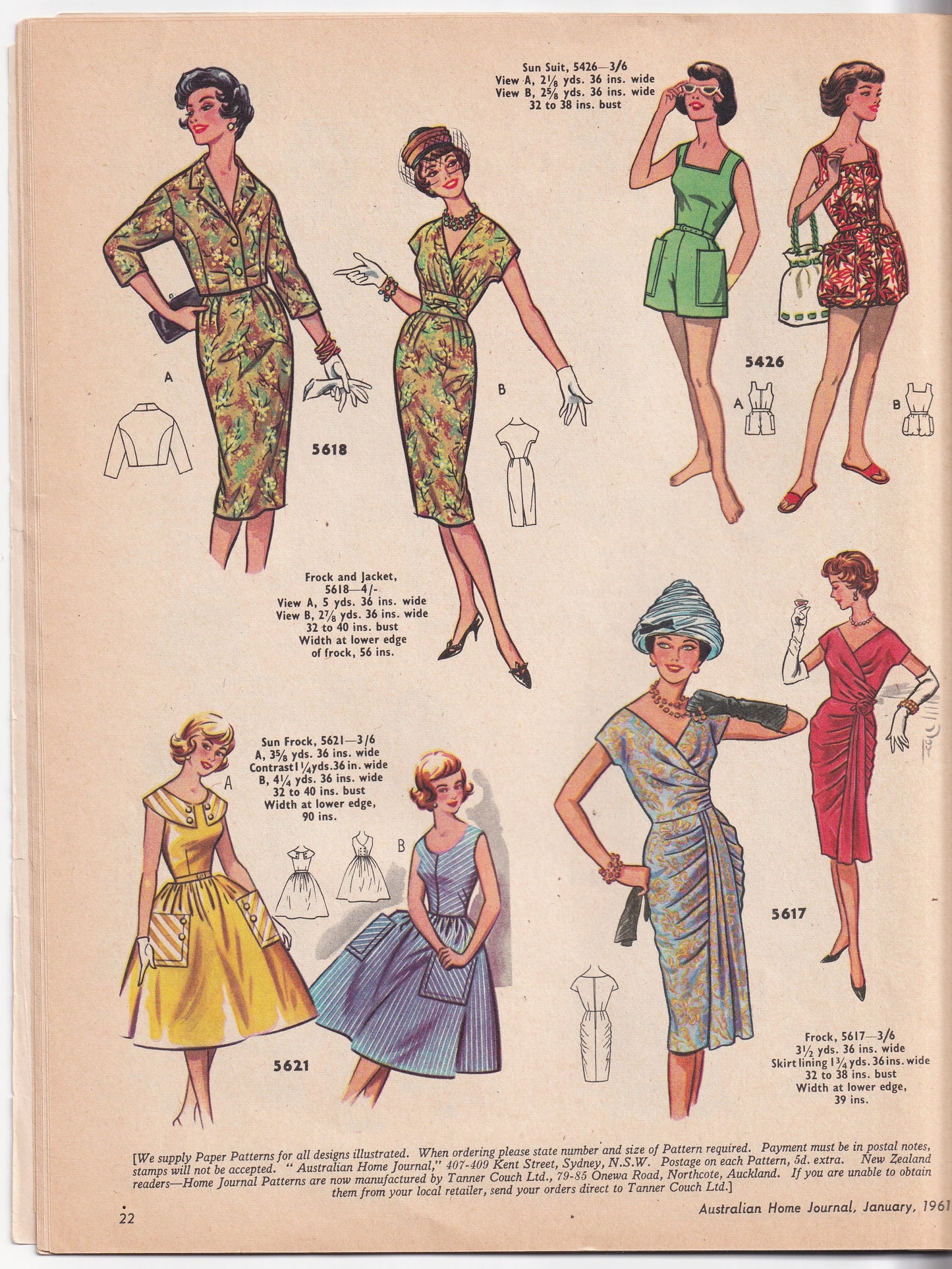 Australian Home Journal January 1961 Magazine with Womens Sheath Dress (B40) Full Skirt Dress (B32) & Girls Size 8 Playsuit & Skirt Factory Folded Paper Sewing Patterns Included