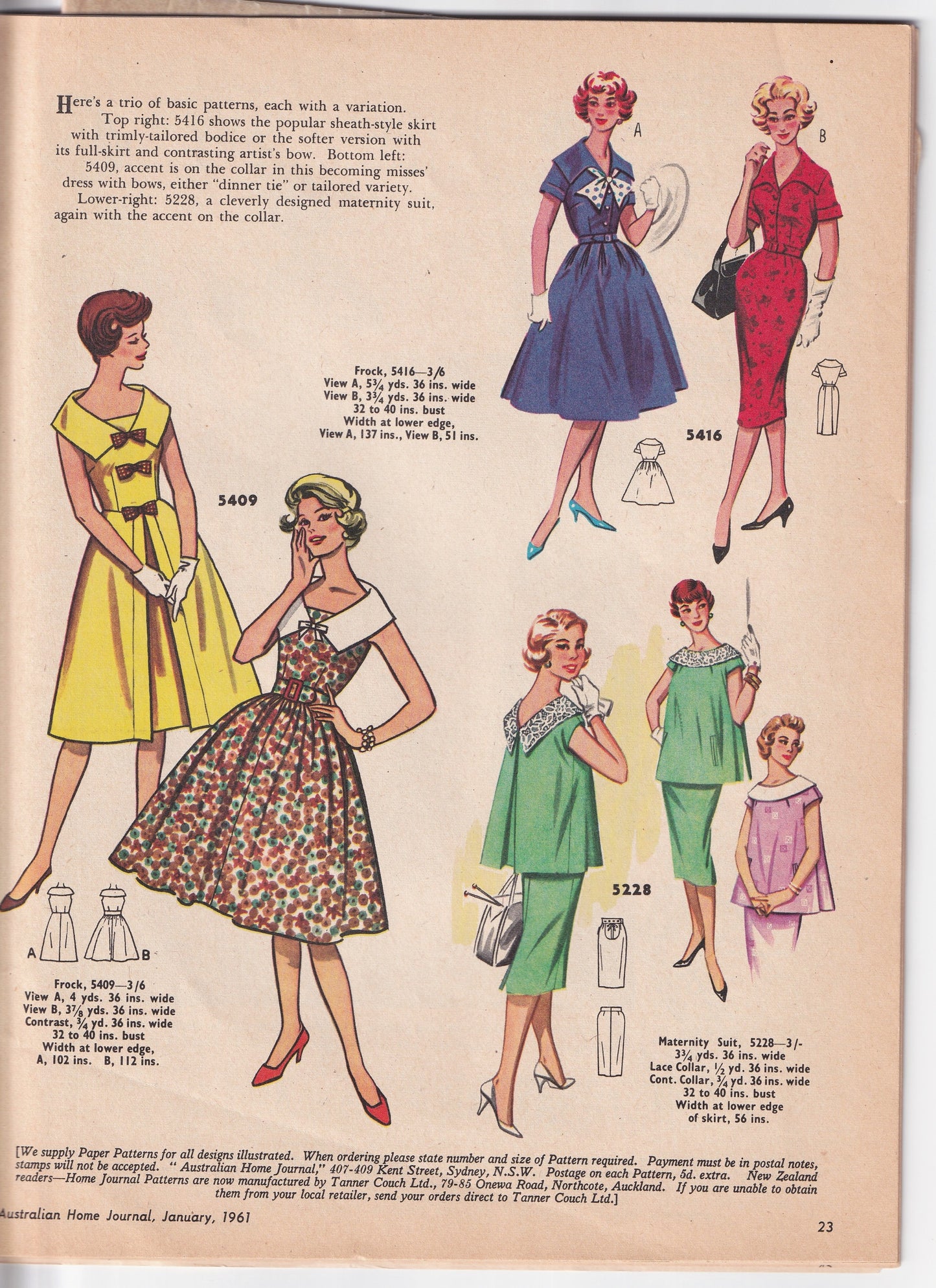 Australian Home Journal January 1961 Magazine with Womens Sheath Dress (B40) Full Skirt Dress (B32) & Girls Size 8 Playsuit & Skirt Factory Folded Paper Sewing Patterns Included