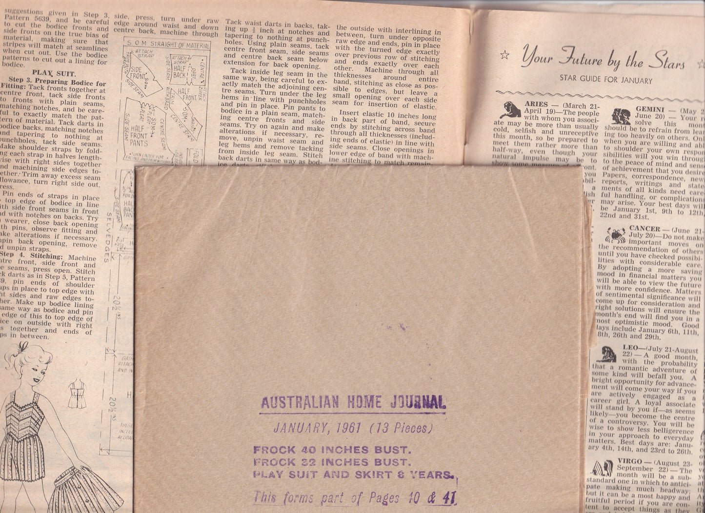 Australian Home Journal January 1961 Magazine with Womens Sheath Dress (B40) Full Skirt Dress (B32) & Girls Size 8 Playsuit & Skirt Factory Folded Paper Sewing Patterns Included