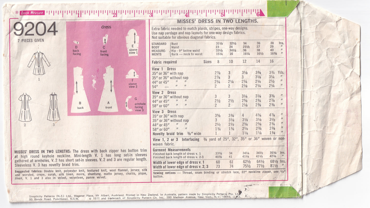 Simplicity 9204 Womens Shift Dress with Keyhole Neckline 1970s Vintage Sewing Pattern Size 8 Bust 31.5 inches