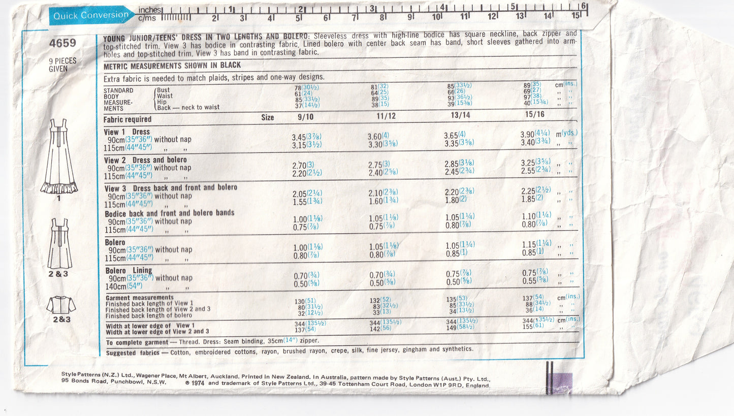 Style 4659 Young Junior Teens Square Neck Sundress/ Maxi Dress & Bolero Jacket 1970s Vintage Sewing Pattern Bust 35 inches