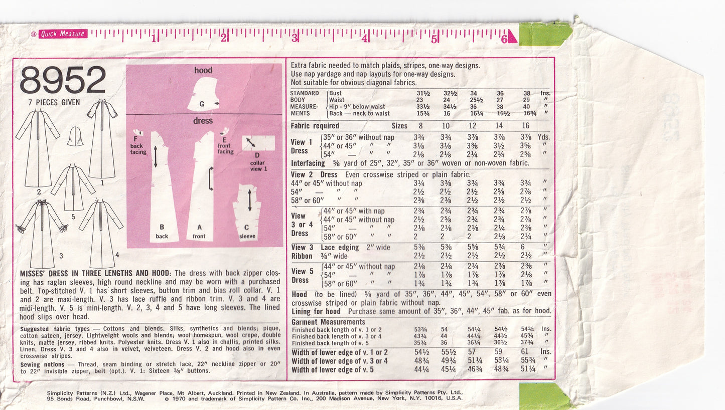 Simplicity 8952 Womens EASY Raglan Sleeved Dress in 3 Lengths & Hood 1970s Vintage Sewing Pattern Size 12 Bust 34 Inches