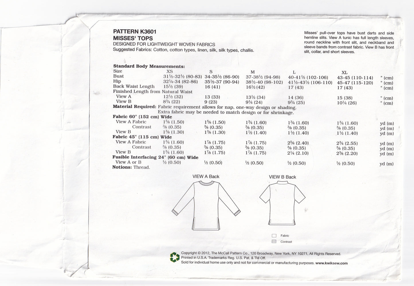 Kwik Sew 3601 Womens EASY Pullover Shirt or Caftan Tops Out Of Print Sewing Pattern Size XS - XL UNCUT Factory Folded