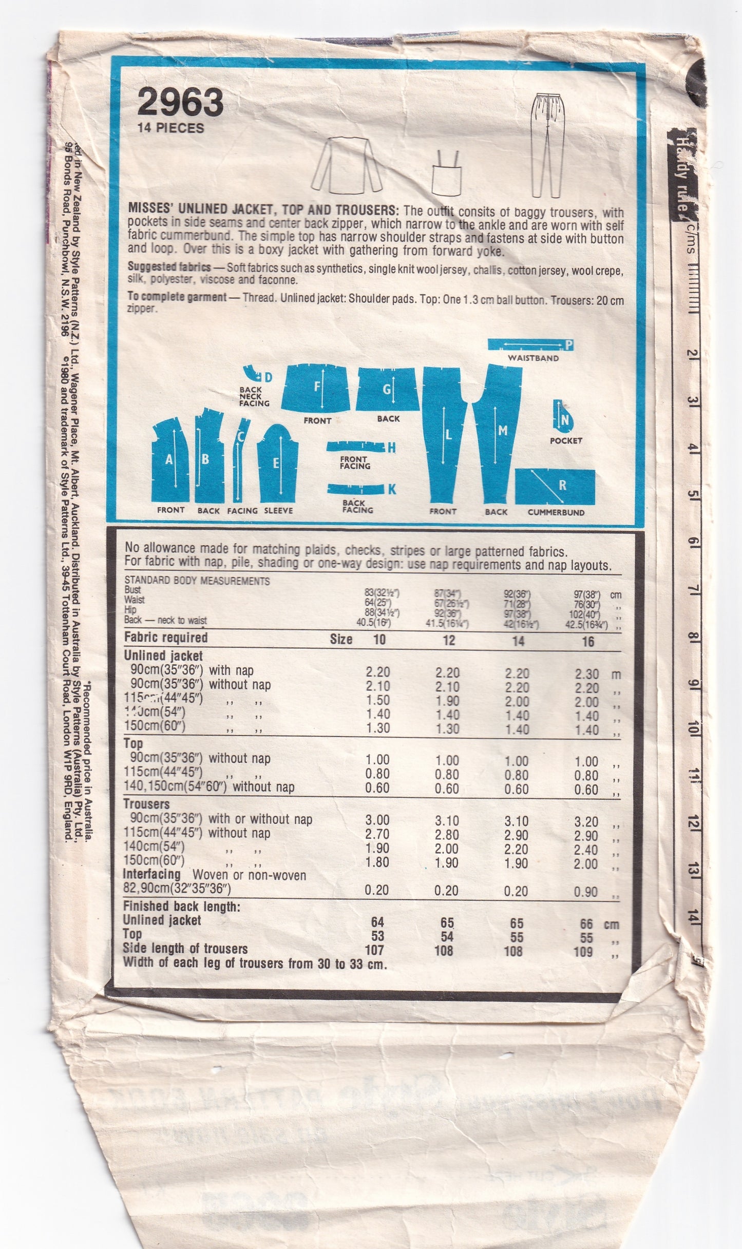 Style 2963 Womens Evening Jacket Camisole Top & Pants 1980s Vintage Sewing Pattern Size 12 Bust 34 inches