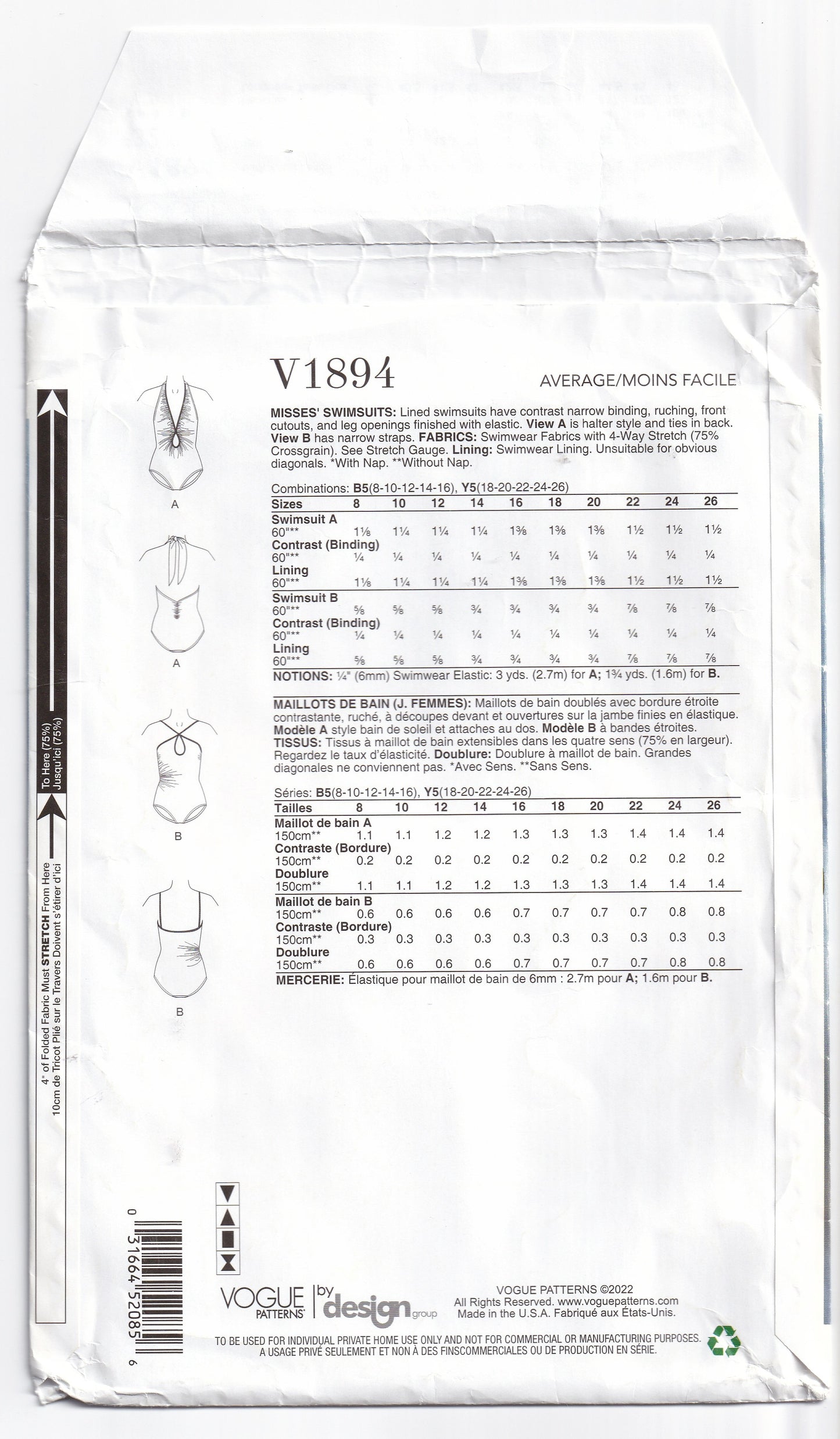 Vogue 1894 Womens Stretch One Piece Swimsuits Sewing Pattern Sizes 8 - 16 UNCUT Factory Folded