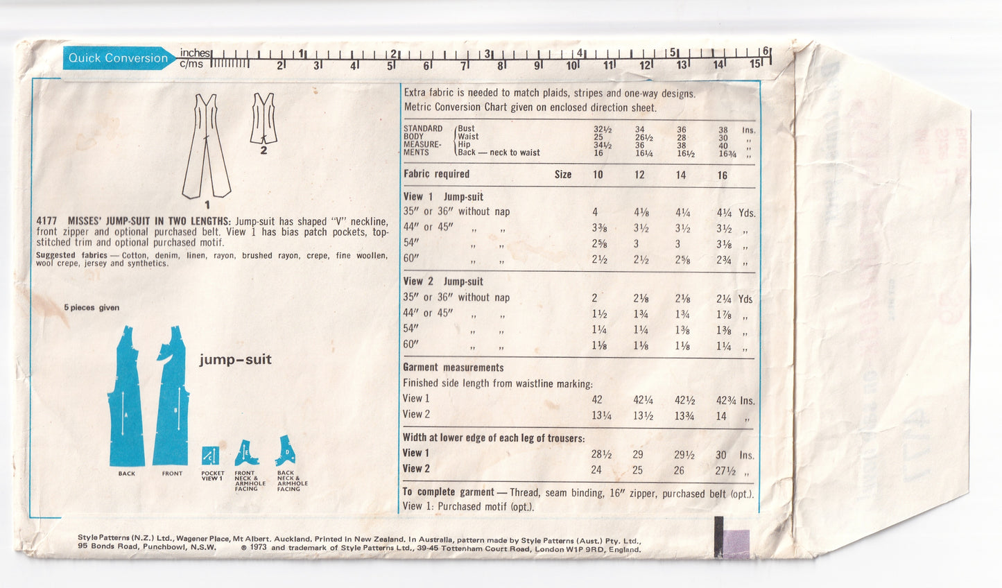 Style 4177 Womens Zip Front Wide Leg Jumpsuit & Mini Romper 1970s Vintage Sewing Pattern Size 12 Bust 34 inches