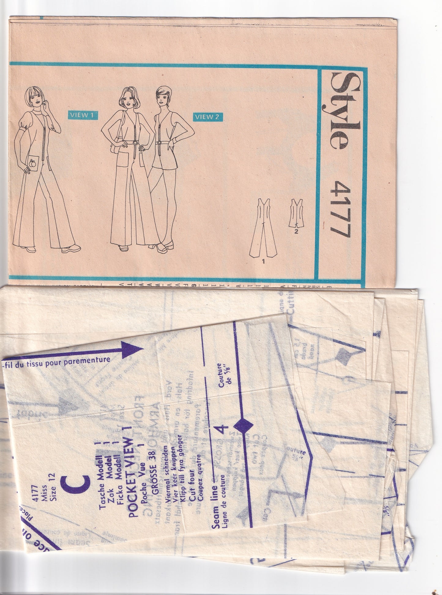 Style 4177 Womens Zip Front Wide Leg Jumpsuit & Mini Romper 1970s Vintage Sewing Pattern Size 12 Bust 34 inches