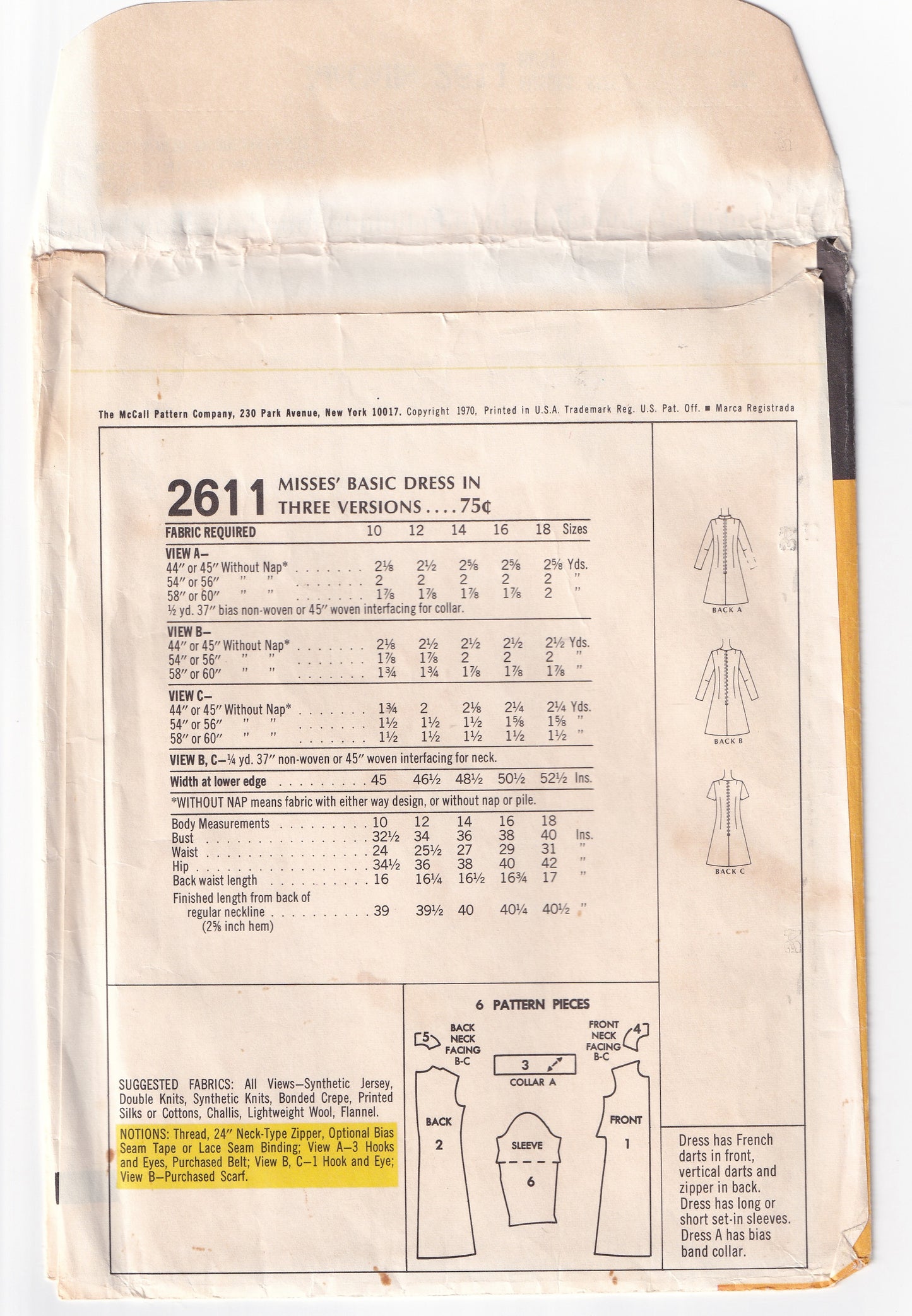 McCall's 2611 Womens EASY Fit & Flared Dress in 3 Styles 1960s Vintage Sewing Pattern Size 12 Bust 34 inches