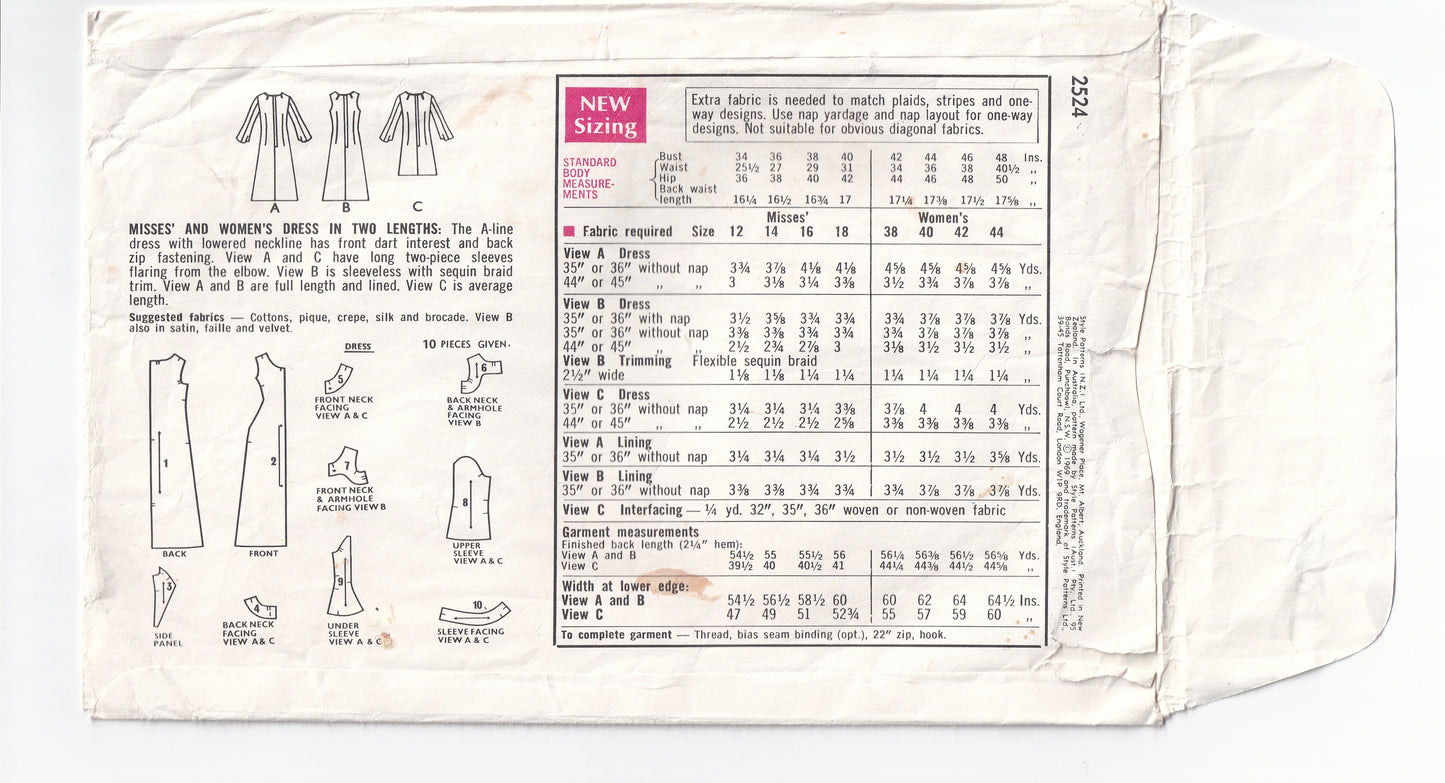 Style 2524 Womens Flared Sleeve Evening Dresses 1960s Vintage Sewing Pattern Size 12 Bust 34 inches