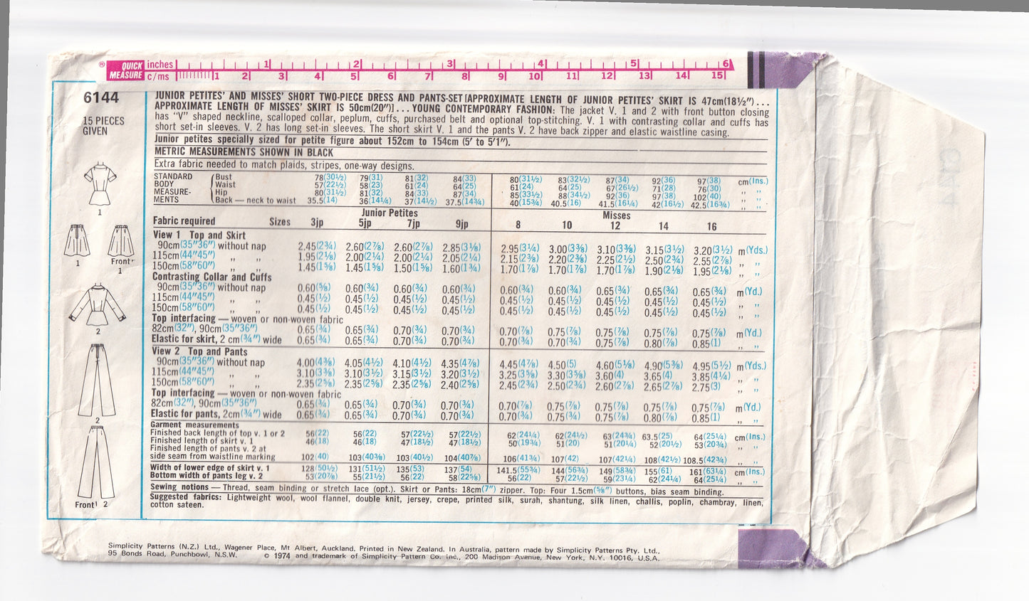 Simplicity 6144 Womens Peplum Jacket Skirt & Pants 1970s Vintage Paper Sewing Pattern Size 10 Bust 32.5 Inches