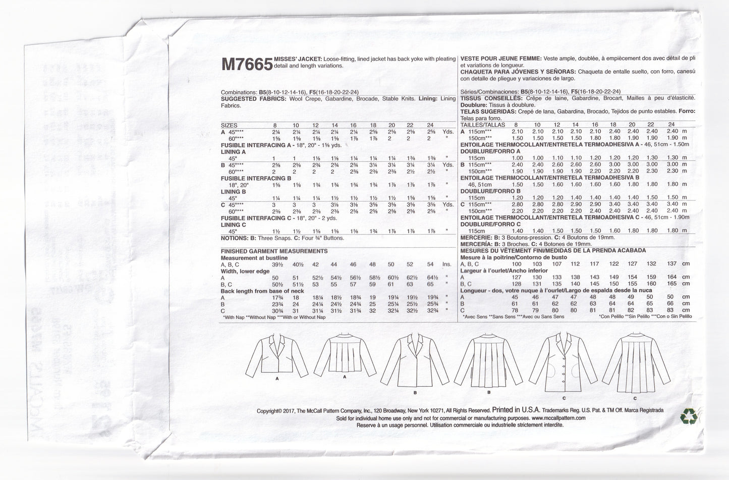 McCall's 7665 Womens PALMER PLETSCH Back Pleated Yoked Coat & Jacket Out Of Print Sewing Pattern Sizes 16 - 24 UNCUT Factory Folded