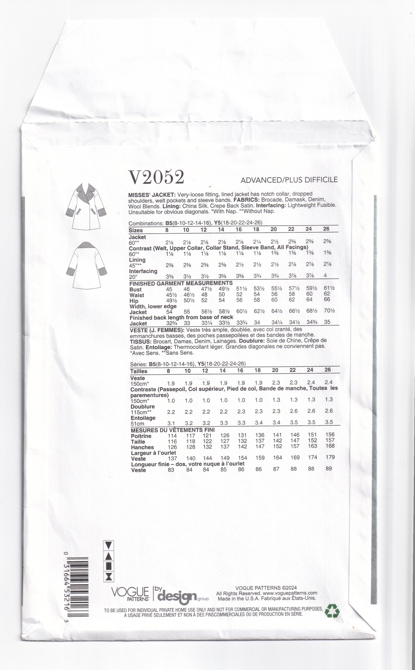Vogue Designer Original 2052 JULIO CESARE Womens Wide Lapel Dropped Shoulder Jacket with Contrast Collar & Cuffs Paper Sewing Pattern Size 8 - 16 UNCUT Factory Folded