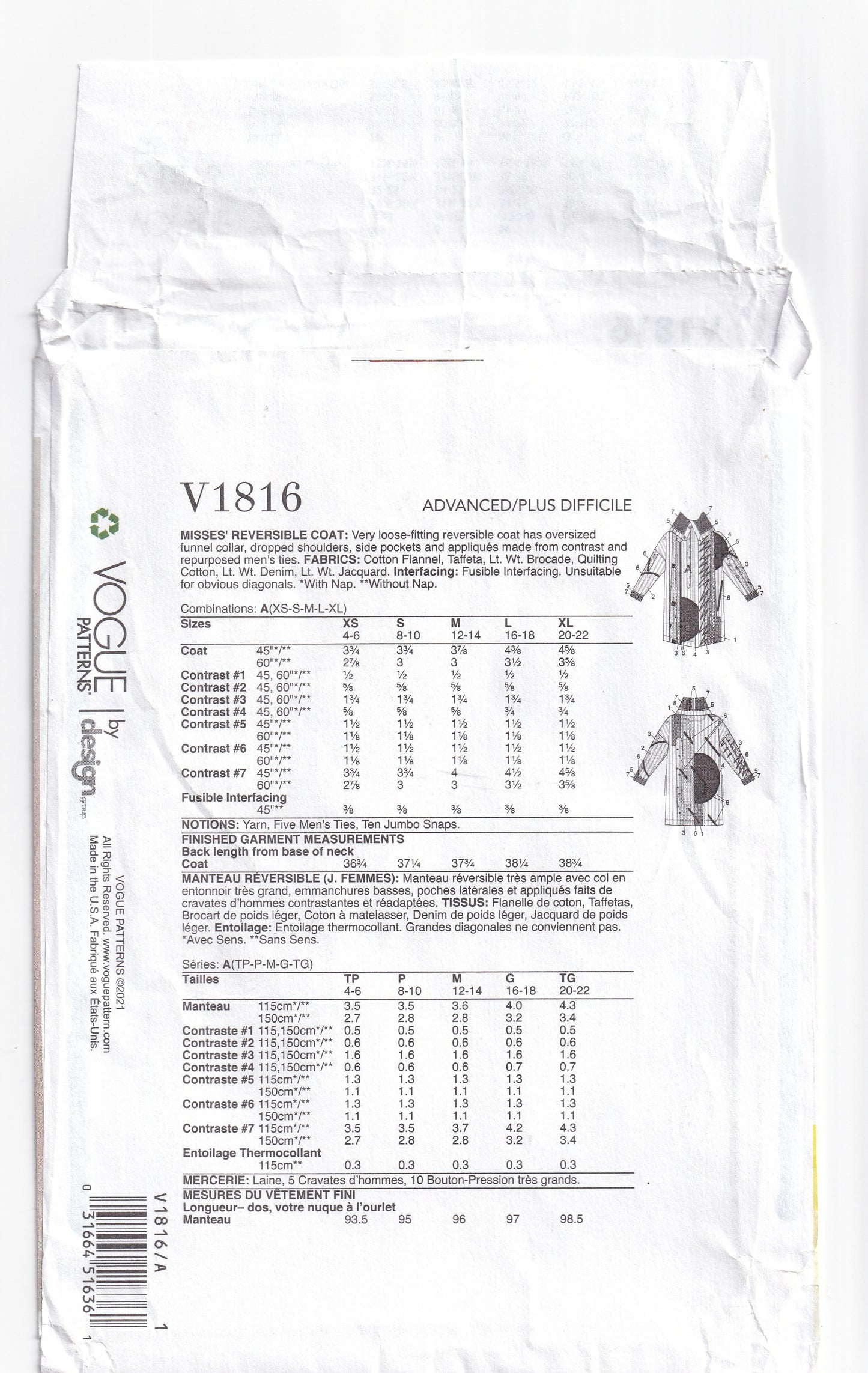 Vogue Designer Original 1816 JULIO CESARE Womens Upcycled Mens Ties Reversible Jacket Paper Sewing Pattern Size XS - XL UNCUT Factory Folded