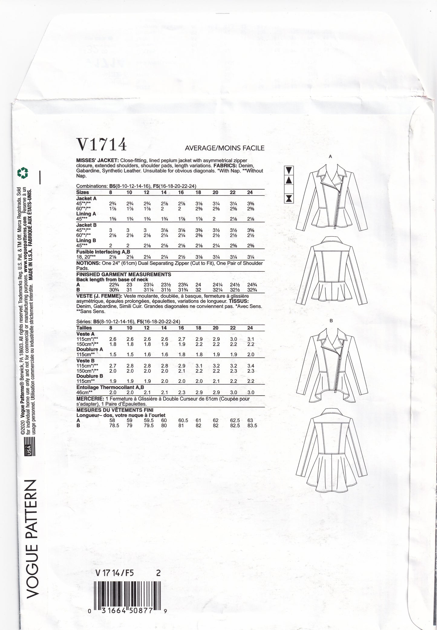 Vogue 1714 Womens Asymmetric Zip Front Peplum Jacket for Leather Suede or Denim Paper Sewing Pattern Sizes 16 - 24 UNCUT Factory Folded