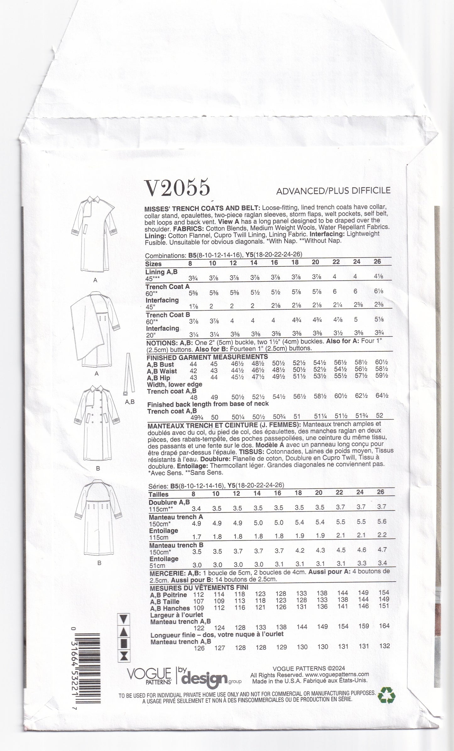 Vogue By Design 2055 Womens Asymmetric Lined Trench Coat Paper Sewing Pattern Size 8 - 16 UNCUT Factory Folded