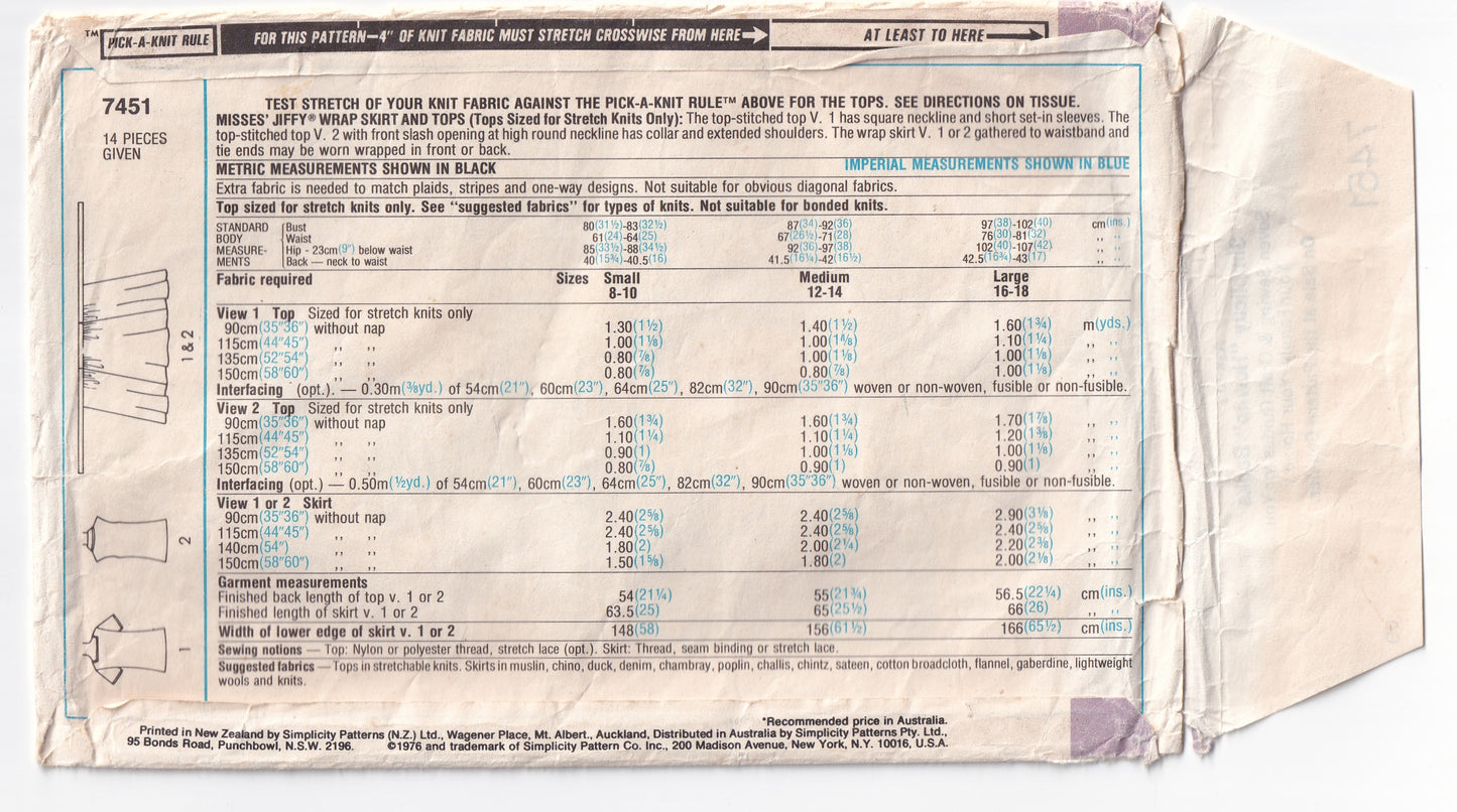 Simplicity 7451 Womens JIFFY Wrap Skirt & Stretch T Shirt Tops 1970s Vintage Sewing Pattern size MEDIUM 12 - 14