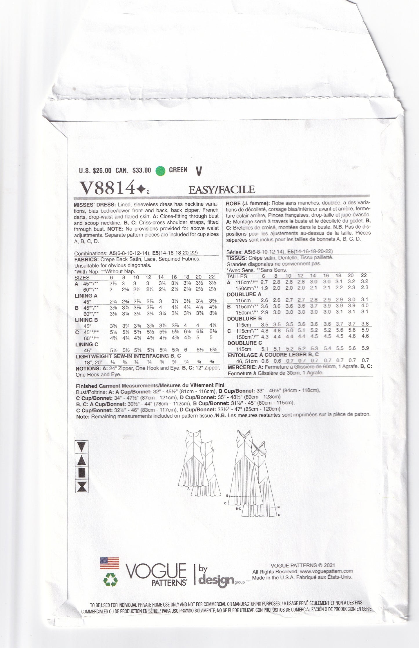 Vogue 8814 Womens CUSTOM FIT Drop Waisted Evening Dress with Bias Skirt Sewing Pattern Size 14 - 22 UNCUT Factory Folded