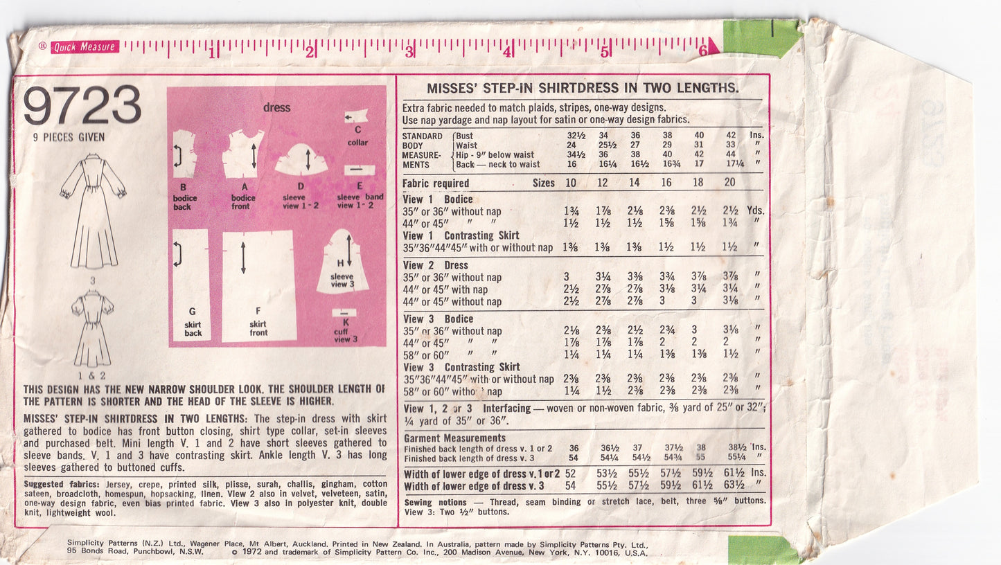 Simplicity 9723 Womens Colour Blocked Shirtdress 1970s Vintage Sewing Pattern Size 10 Bust 32.5 Inches