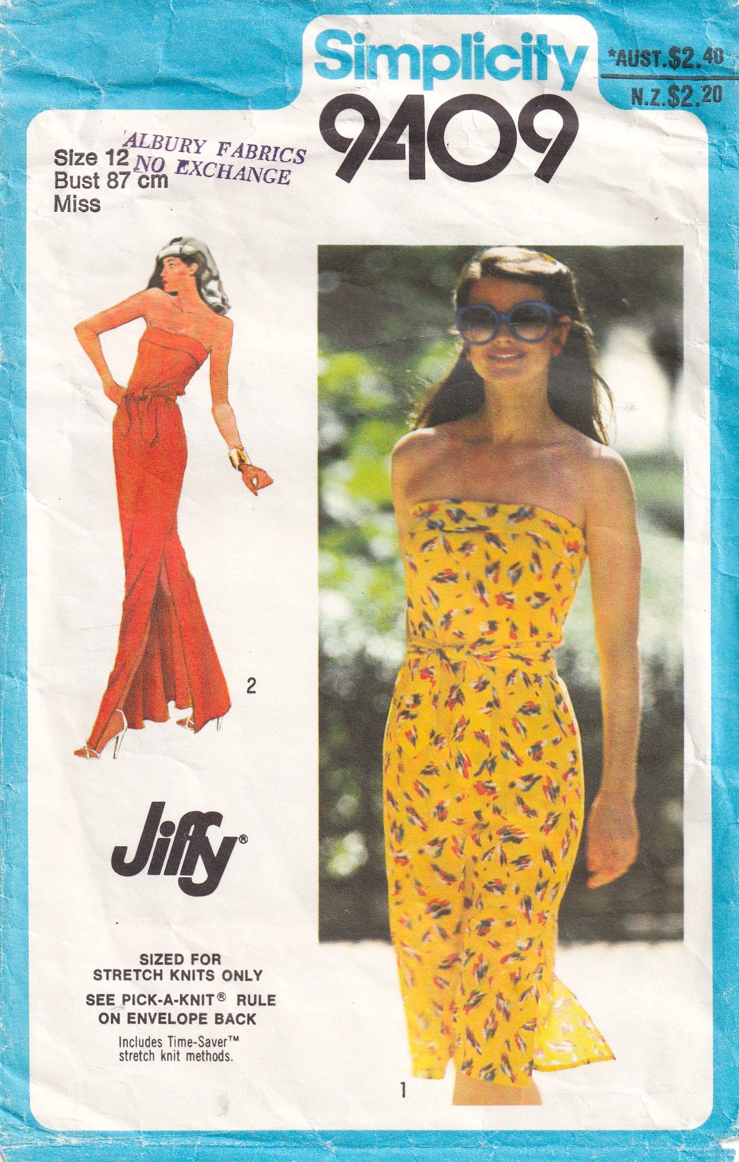 Simplicity 9409 Womens JIFFY Stretch Knit Strapless Tube Dress 1970s Vintage Sewing Pattern Size 12 Bust 34 Inches