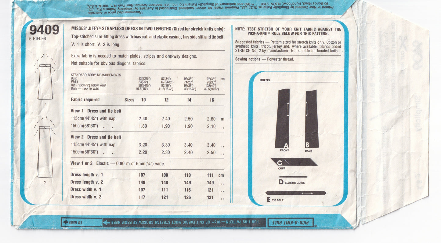 Simplicity 9409 Womens JIFFY Stretch Knit Strapless Tube Dress 1970s Vintage Sewing Pattern Size 12 Bust 34 Inches