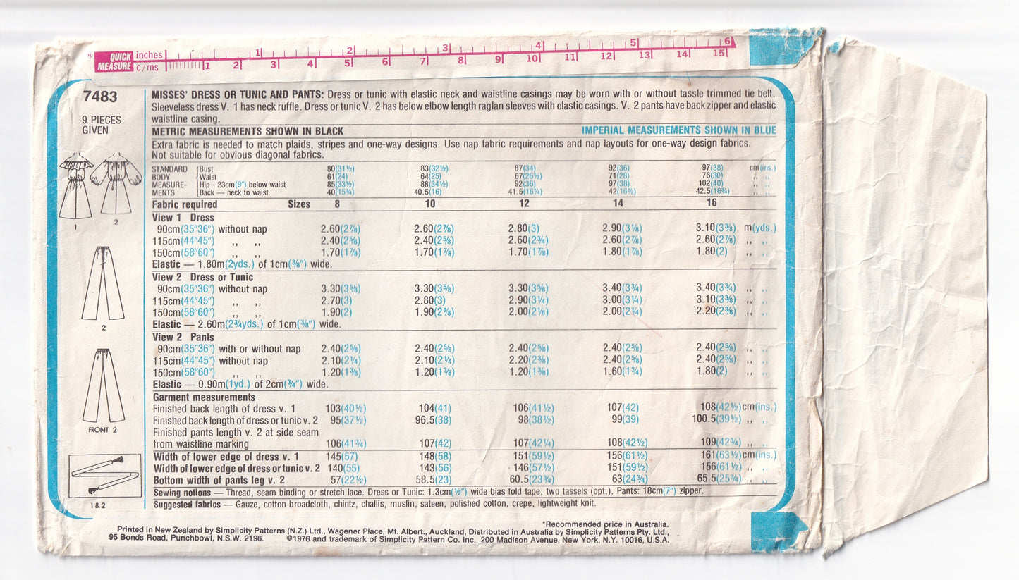 Simplicity 7483 Womens Ruffled Peasant Dress Tunic & Pants 1970s Vintage Sewing Pattern Size 10 Bust 32.5 Inches